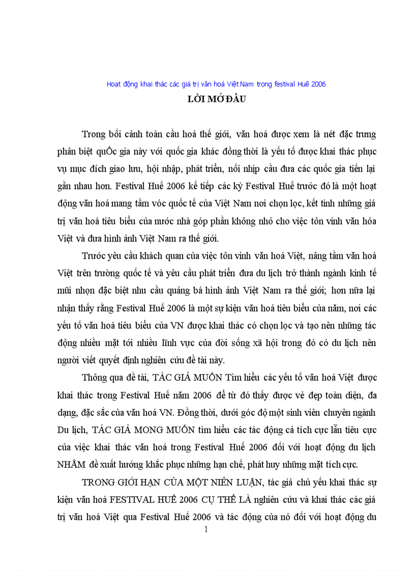 Hoạt động khai thác các giá trị văn hoá Việt Nam trong festival Huế 2006