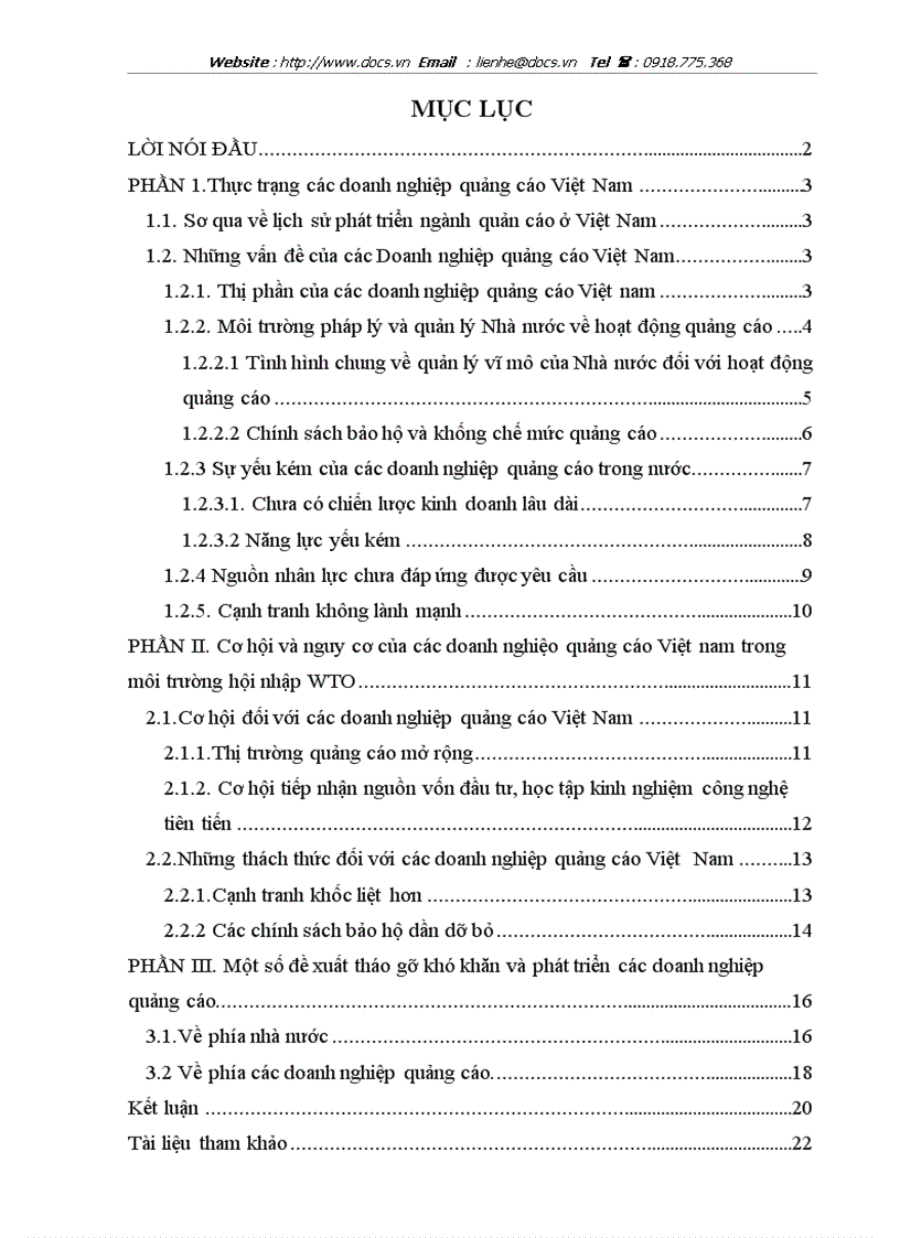 Cơ hội nguy cơ của các doanh nghiệp quảng cáo VN trong môi trường hội nhập WTO Thực trạng 1 số đề xuất