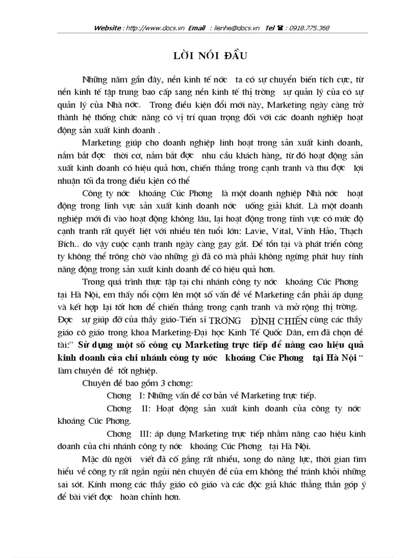 Sử dụng 1 số công cụ Marketing trực tiếp để nâng cao hiệu quả kinh doanh của chi nhánh C ty nước khoáng Cúc Phương tại Hà Nội
