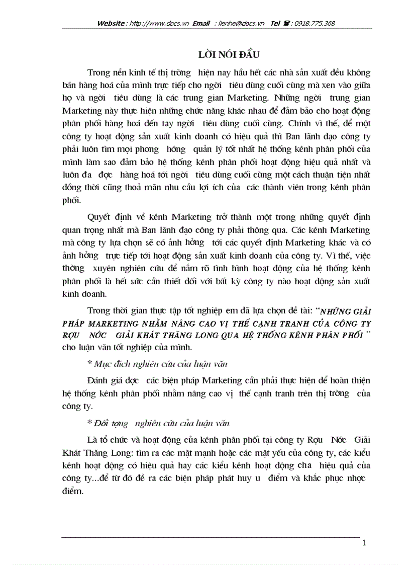 Chuyên đề Những giải pháp Marketing nhằm nâng cao vị thế cạnh tranh của C ty Rượu nước giải khát Thăng Long qua hệ thống kênh phân phối