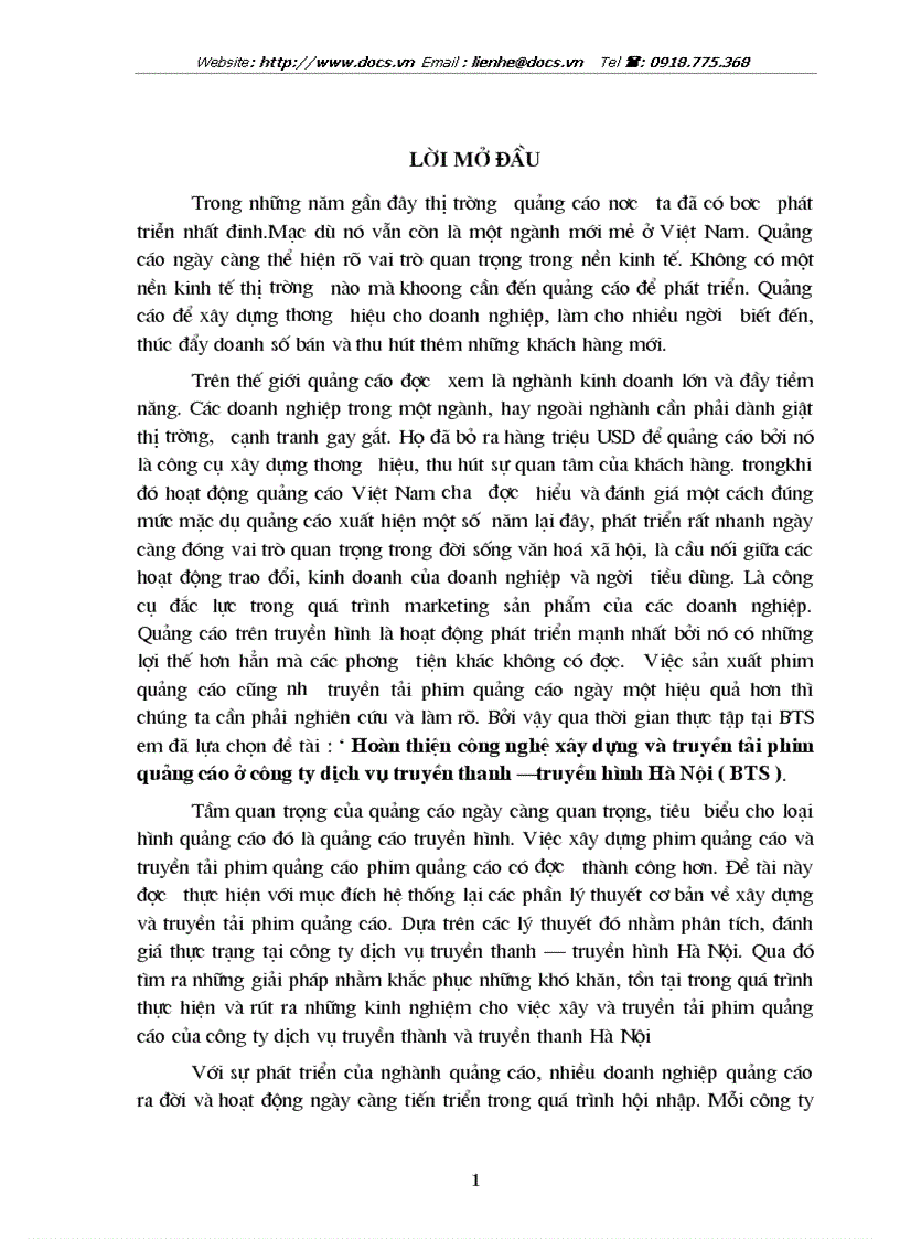 Hoàn thiện công nghệ xây dựng truyền tải phim quảng cáo ở C ty dịch vụ truyền thanh truyền hình Hà Nội BTS