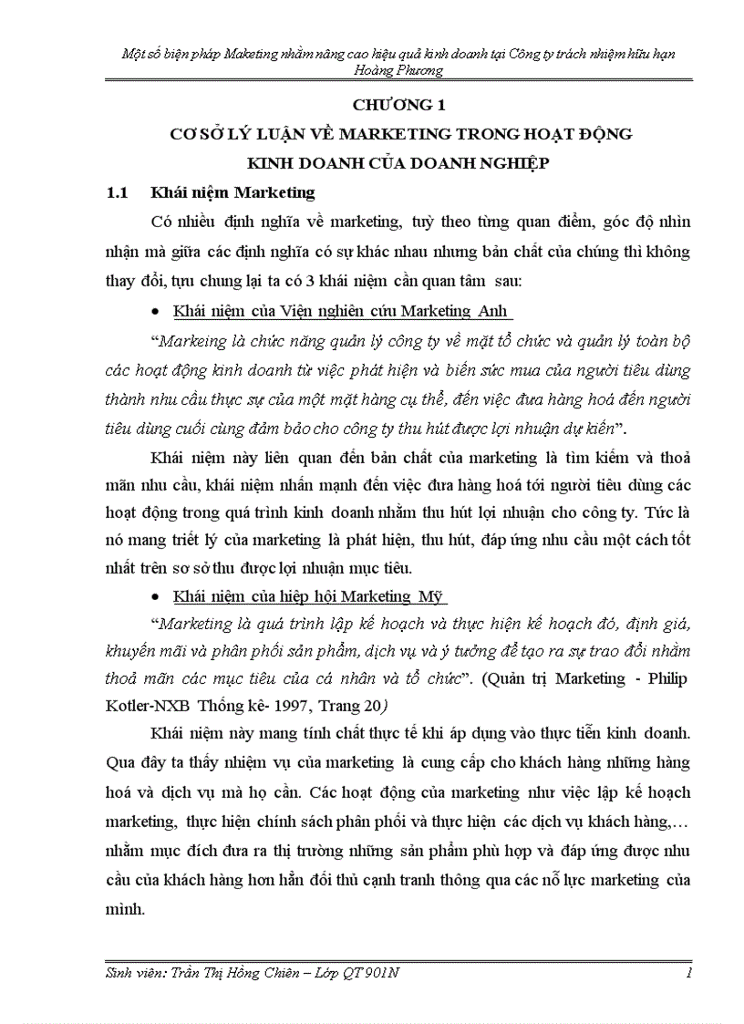 Một số biện pháp Maketing nhằm nâng cao hiệu quả kinh doanh tại Công ty trách nhiệm hữu hạn Hoàng Phương