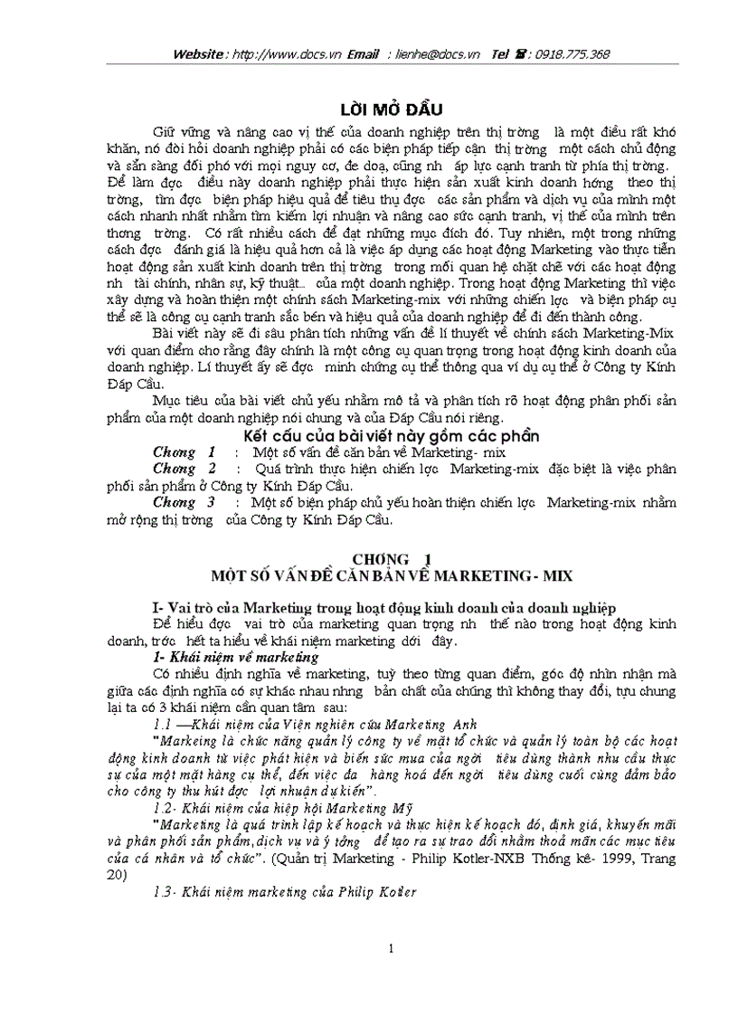 Chuyên đề 1 số biện pháp chủ yếu hoàn thiện chiến lược Marketing Mix nhằm mở rộng thị trường của C ty Kính Đáp Cầu