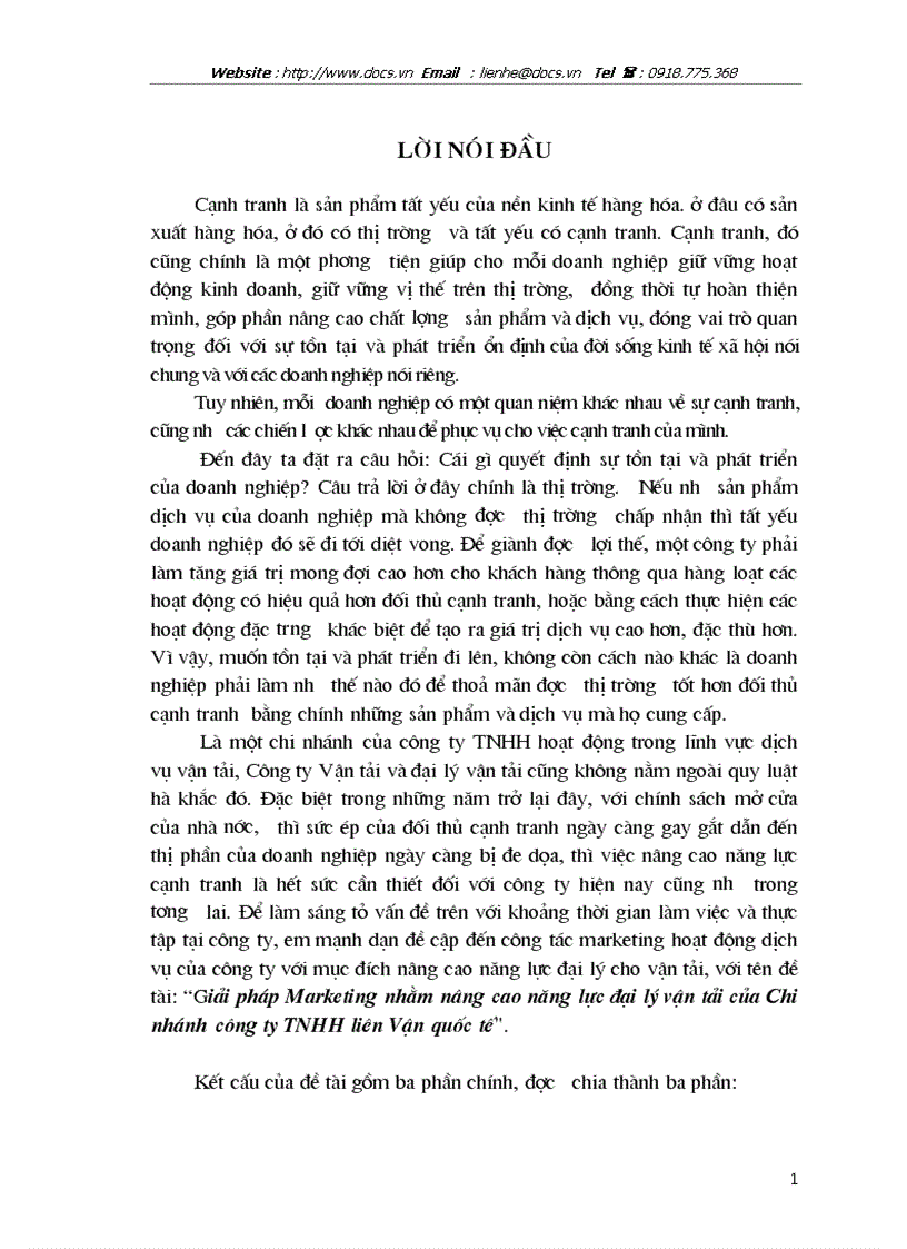 Giải pháp Marketing nhằm nâng cao năng lực đại lý vận tải của Chi nhánh C ty TNHH liên Vận quốc tế