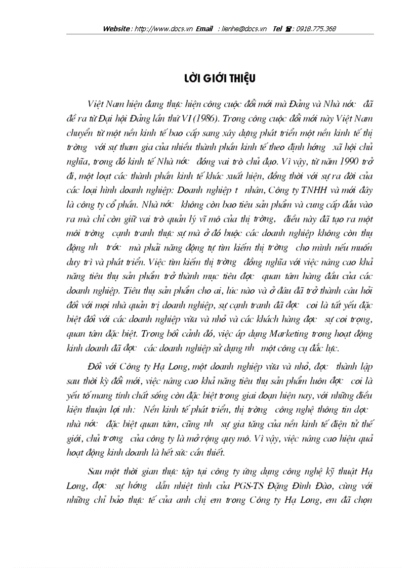 Chuyên để ứng dụng Marketing trong việc nâng cao hiệu quả hoạt động kinh doanh ở C ty Kỹ thuật công nghệ Hạ Long