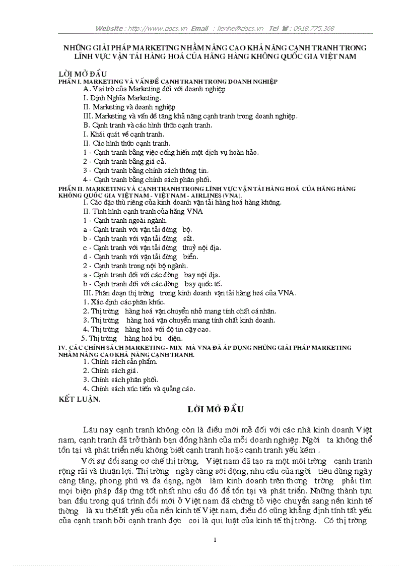 Những giải pháp marketing nhằm nâng cao khả năng cạnh tranh trong lĩnh vực vận tải hàng hoá của hãng hàng không quốc gia việt nam