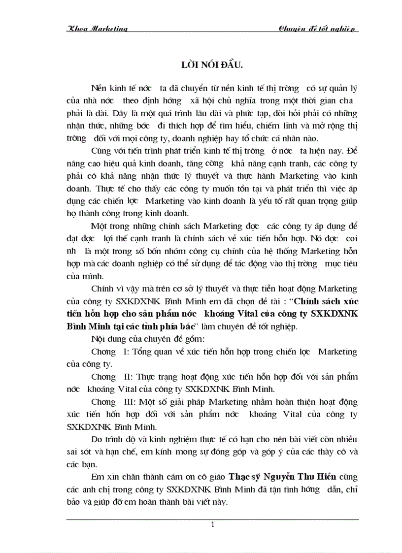 Một số giải pháp marketing nhằm hoàn thiện hoạt động xúc tiến hỗn hợp đối với sản phẩm nước khoáng Vital của Công ty SXKDXNK Bình Minh