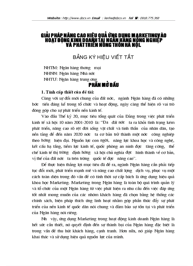 Giải pháp nâng cao hiệu quả ứng dụng Marketing vào hoạt động kinh doanh tại ngânhàng NHNo PTNT AgriBank Hà Nội lt NHaM gt