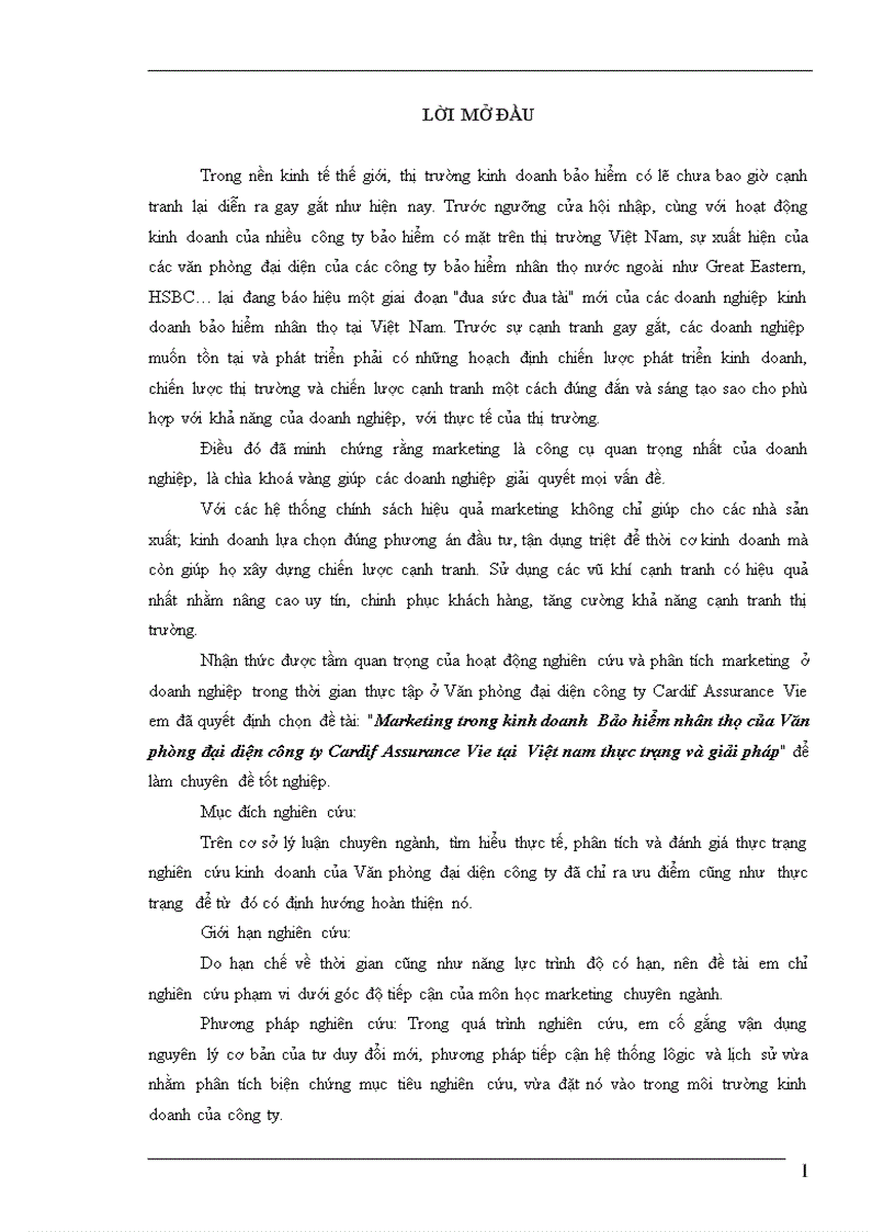 Marketing trong kinh doanh Bảo hiểm nhân thọ của Văn phòng đại diện công ty Cardif Assurance Vie tại Việt nam thực trạng và giải pháp