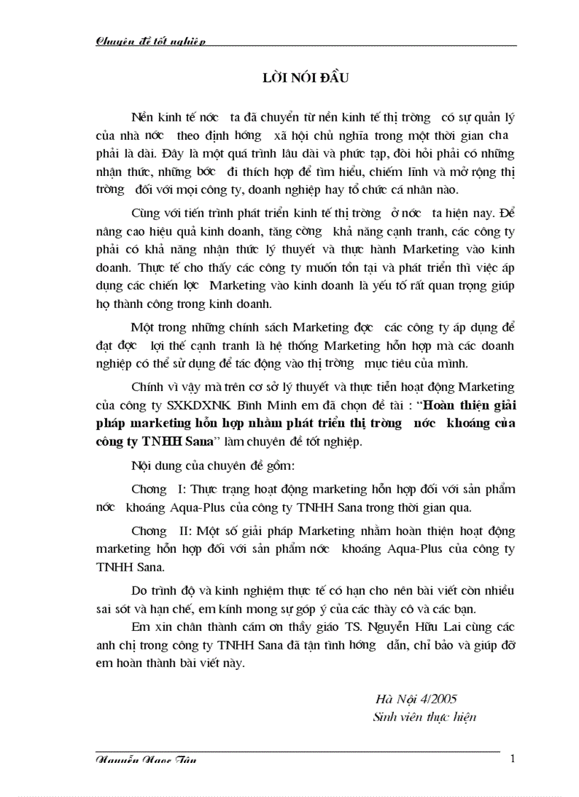 Một số giải pháp nhằm hoàn thiện hoạt động marketing hỗn hợp đối với sản phẩm nước khoáng Aqua Plus của Công ty TNHH sana
