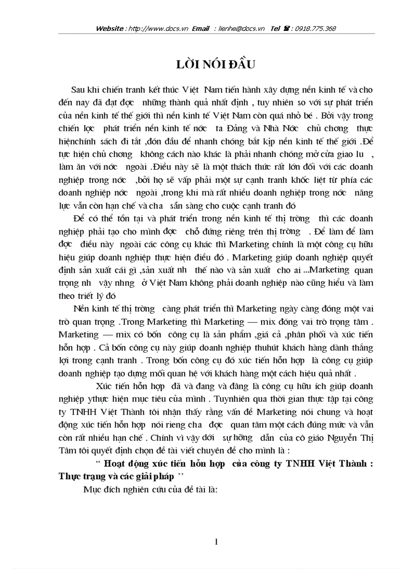 Hoạt động xúc tiến hỗn hợp của C ty TNHH Việt Thành