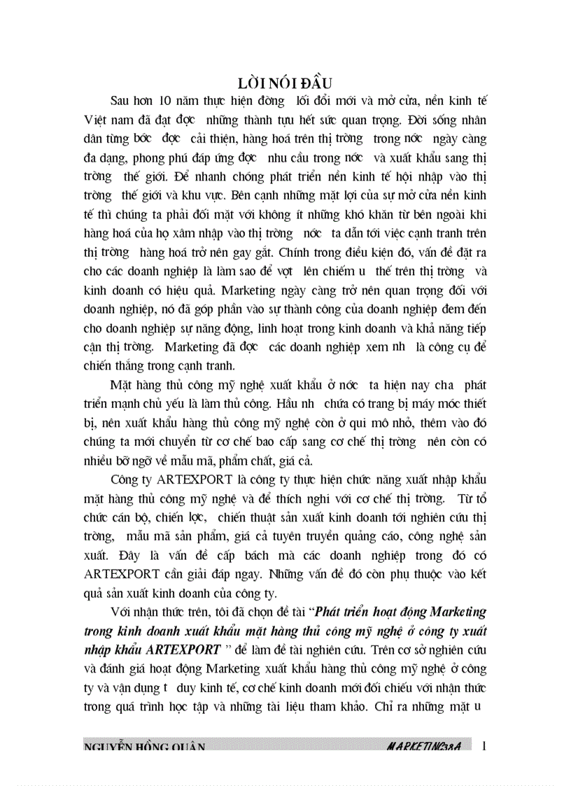 Một số biện pháp marketing xuất khẩu nhằm nâng cao hiệu quả xuất khẩu hàng thủ công mỹ nghệ của công ty ARTEXPORT