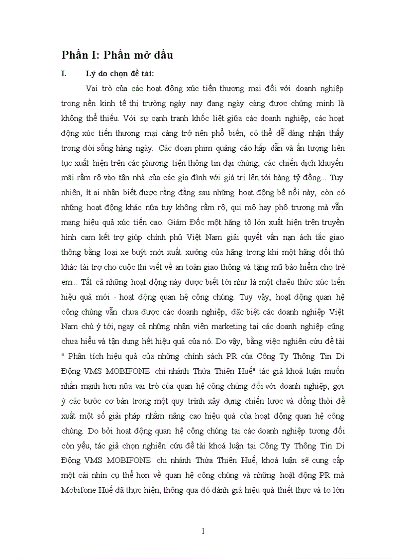Phân tích hiệu quả của những chính sách PR của Công Ty Thông Tin Di Động VMS MOBIFONE chi nhánh Thừa Thiên Huế