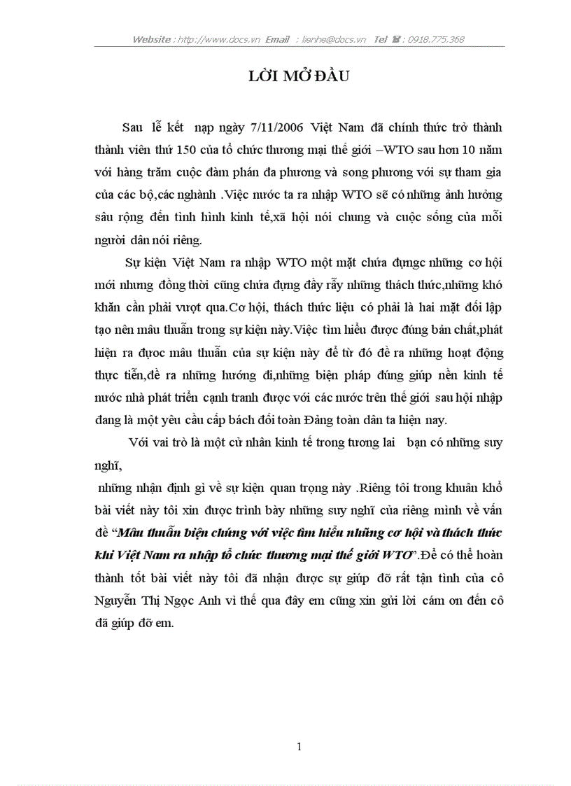 Mâu thuẫn biện chứng với việc tìm hiểu những cơ hội và thách thức khi Việt Nam ra nhập tổ chức thương mại thế giới WTO