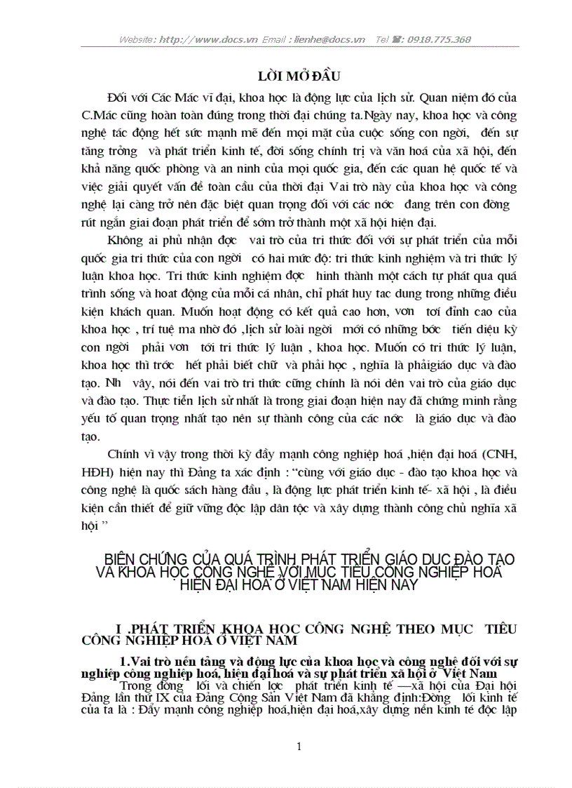 Biện chứng của quá trình phát triển GD ĐT khoa học công nghệ với mục tiêu CNH HĐH ở VN hiện nay