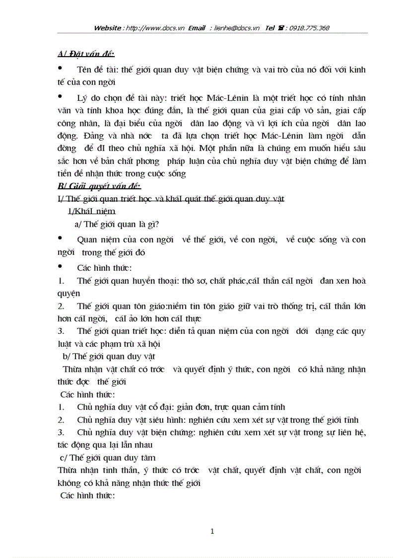 Thế giới quan duy vật biện chứng vai trò của nó đối với kinh tế của con người