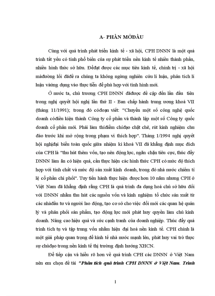 Phân tích quá trình CPH DNNN ở Việt Nam Trình bày tình hình CPH một doanh nghiệp Nhà nước mà sinh viên biết