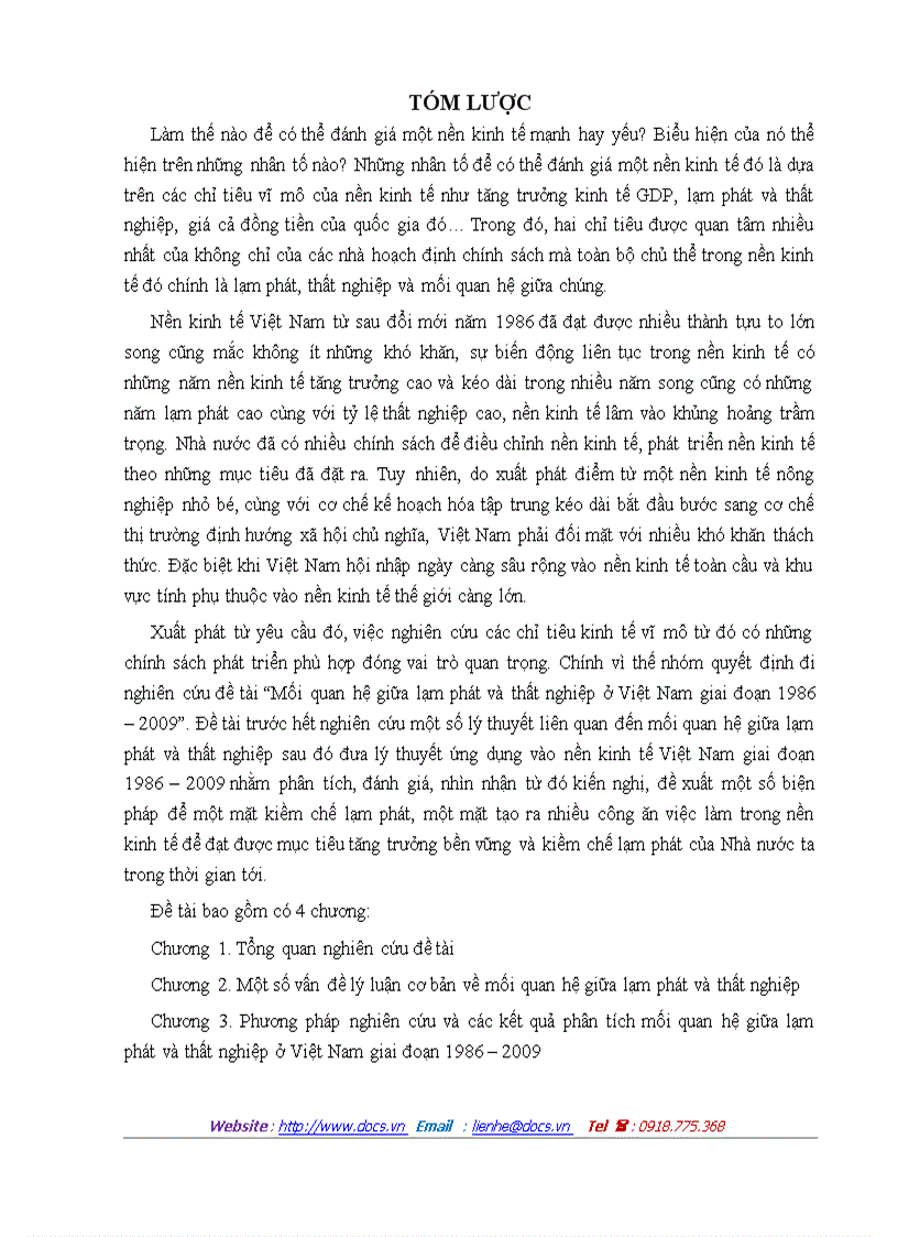Mối quan hệ giữa lạm phát và thất nghiệp ở Việt Nam giai đoạn 1986 2009