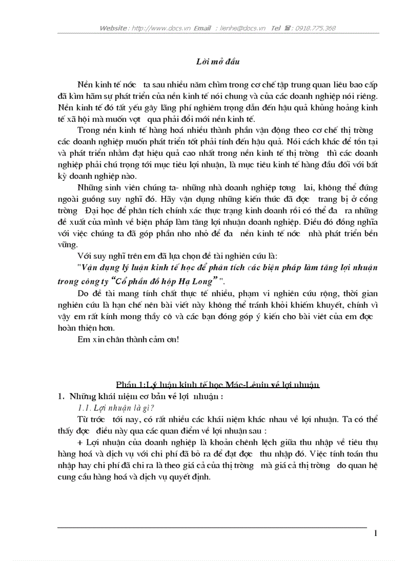 Vận dụng lý luận kinh tế học để P tích các biện pháp làm tăng lợi nhuận trong C ty CP đồ hộp Hạ Long