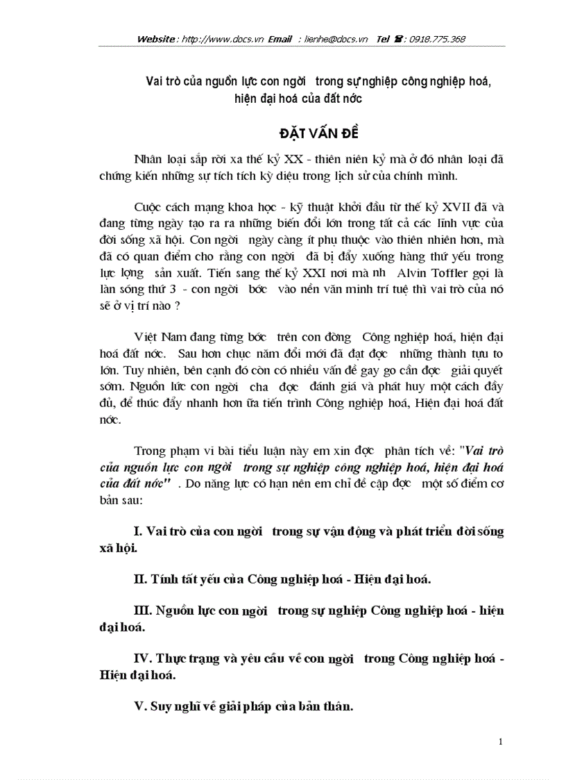 Vai trò của nguồn lực con người trong sự nghiệp công nghiệp hoá hiện đại hoá của đất nước