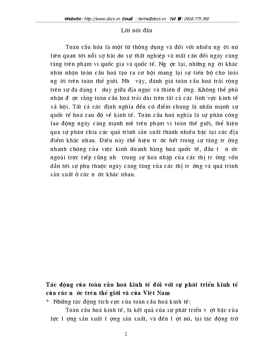 Tác động của toàn cầu hoá kinh tế đối với sự phát triển kinh tế của các nước trên thế giới và của Việt Nam
