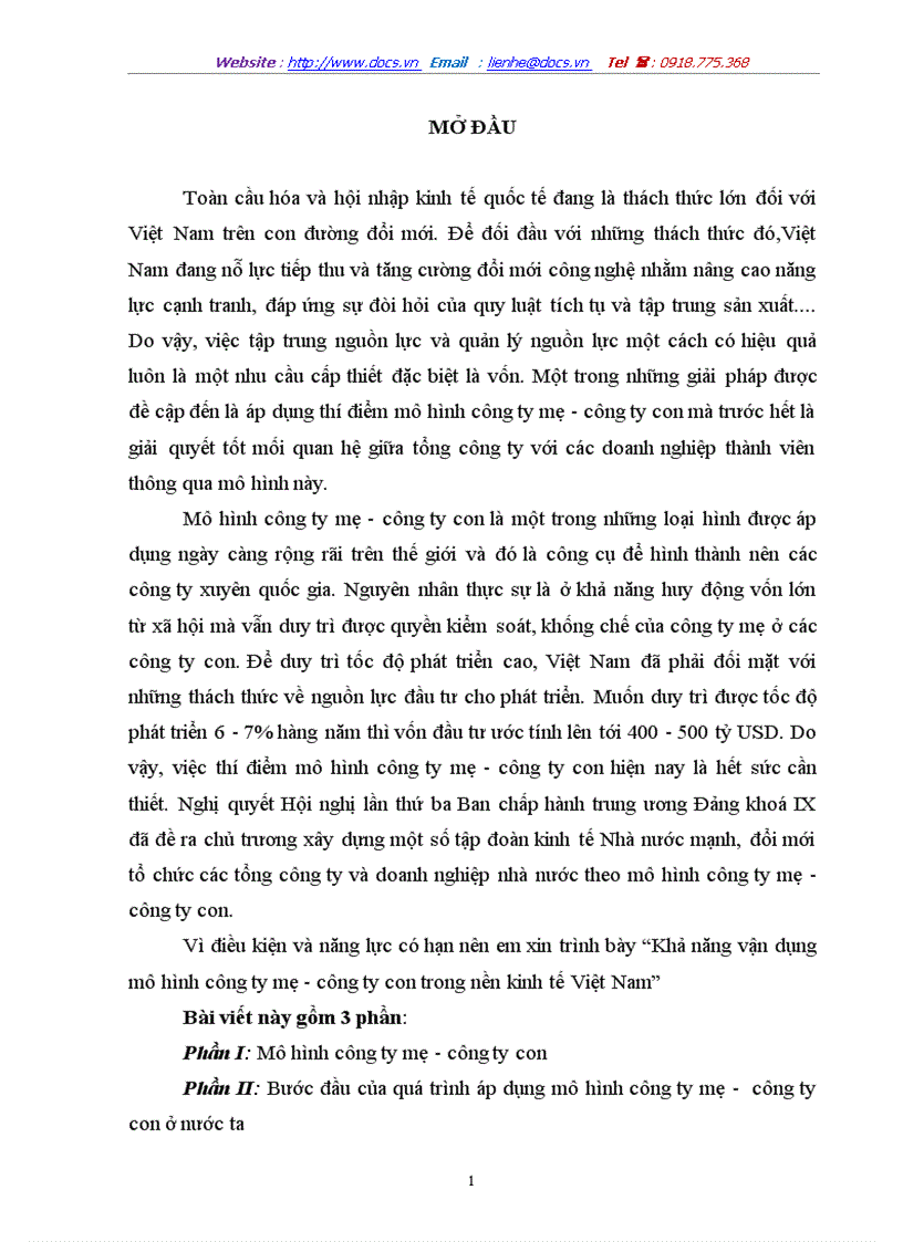 Khả năng vận dụng mô hình công ty mẹ công ty con trong nền kinh tế Việt Nam