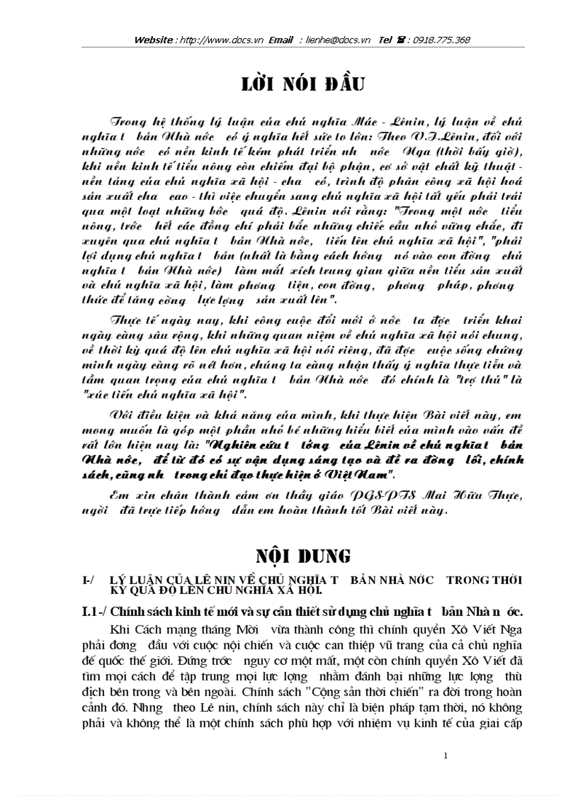 Nghiên cứu tư tưởng của Lênin về chủ nghĩa tư bản Nhà nước vận dụng sáng tạo và đề ra đường lối chính sách chỉ đạo thực hiện ở Việt Nam