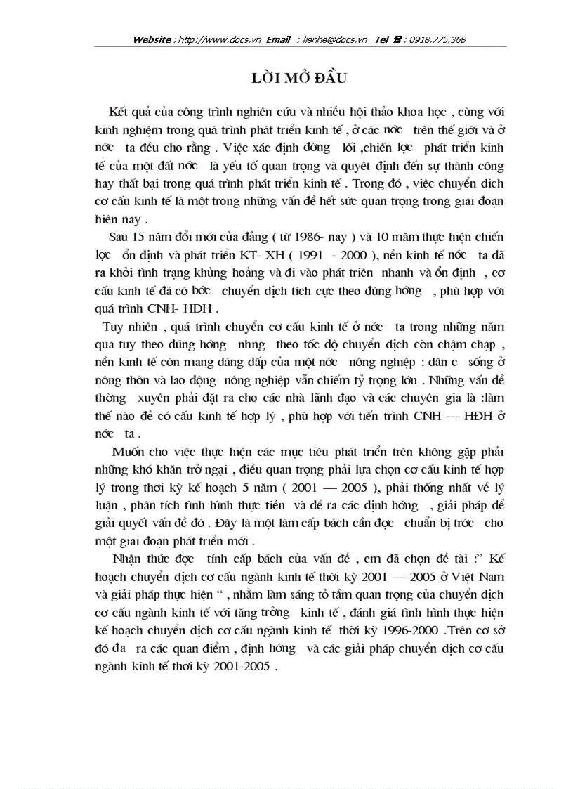 Kế hoạch chuyển dịch cơ cấu ngành kinh tế thời kỳ 2001 2005 ở Việt Nam và giải pháp thực hiện