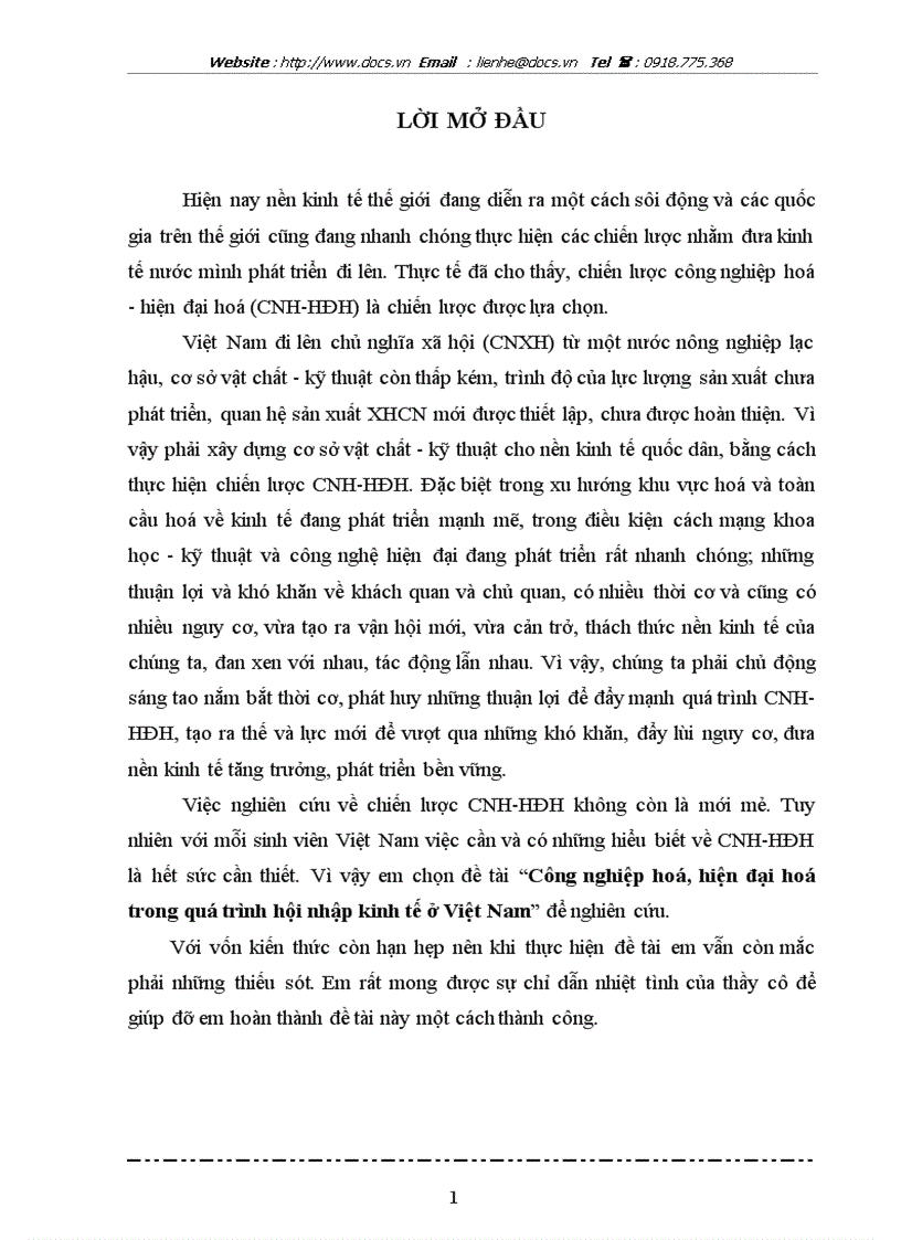Công nghiệp hoá hiện đại hoá trong quá trỡnh hội nhập kinh tế ở Việt Nam