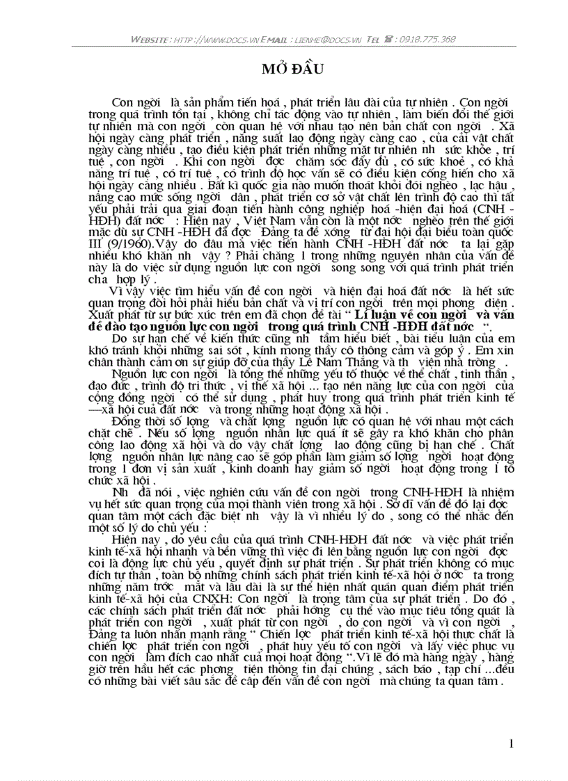 Lí luận về con người và vấn đề đào tạo nguồn lực con người trong quá trình CNH HĐH đất nước