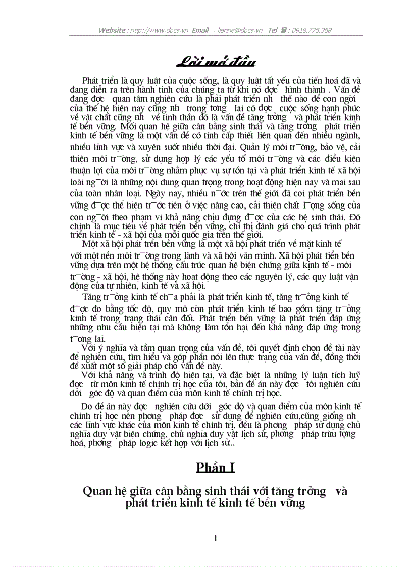 Quan hệ giữa cân bằng sinh thái với tăng trưởng phát triển kinh tế kinh tế bền vững