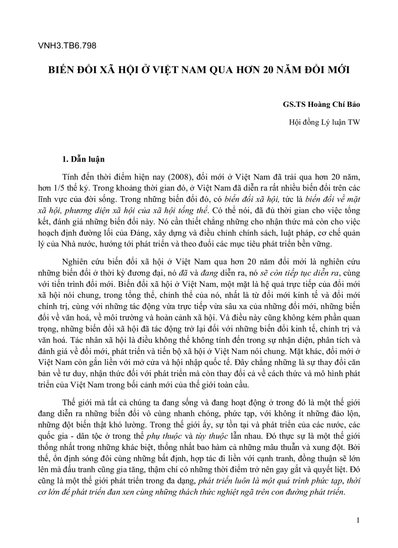 Biến đổi xã hội ở việt nam qua hơn 20 năm đổi mới