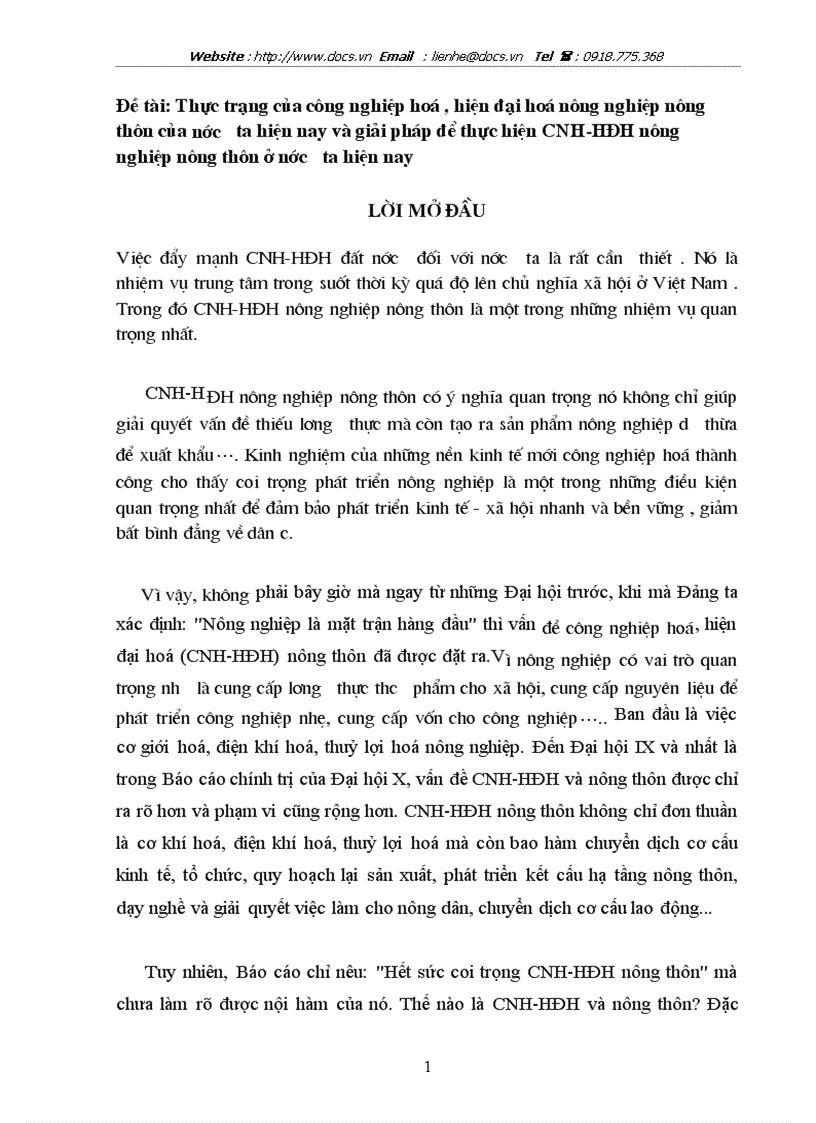 Thực trạng của công nghiệp hoá hiện đại hoá nông nghiệp nông thôn của nước ta hiện nay và giải pháp để thực hiện CNH HĐH nông nghiệp nông thôn ở nướ