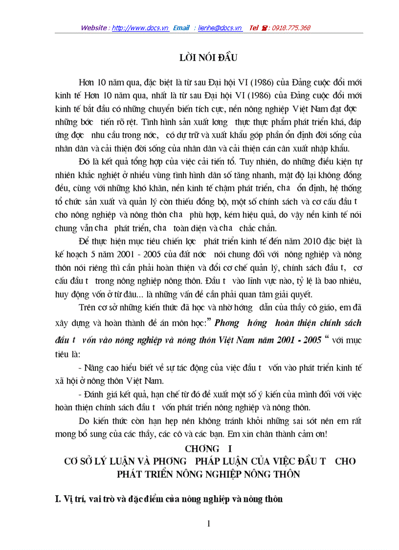 Phương hướng hoàn thiện chính sách đầu tư vốn vào nông nghiệp và nông thôn Việt Nam năm 2001 2005