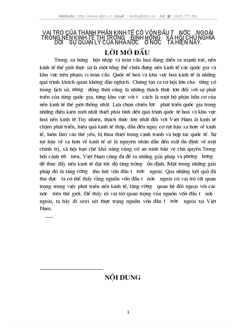 Vai trò của thành phần kinh tế có vốn đầu tư nước ngoài trong nền kinh tế thị trường định hướng xhcn dưới sự quản lý của nhà nước ở nước ta