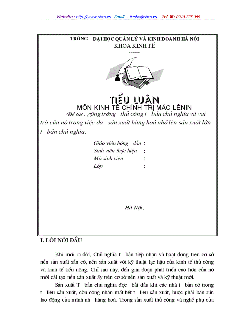 Công trường thủ công tư bản chủ nghĩa và vai trò của nó trong việc đưa sản xuất hàng hoá nhỏ lên sản xuất lớn tư bản chủ nghĩa