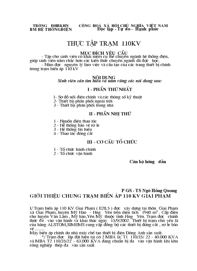 Báo cáo thực tập trạm biến áp 110kV