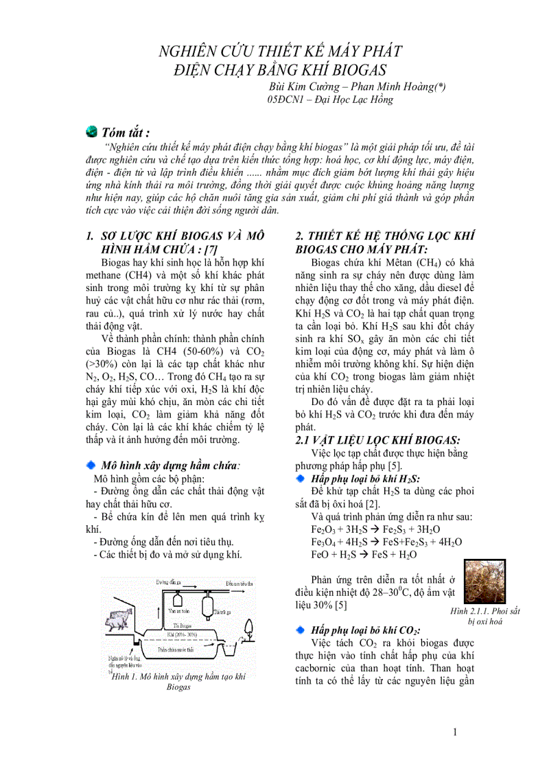 Nghiên cứu thiết kế máy phát điện chạy bằng khí biogas