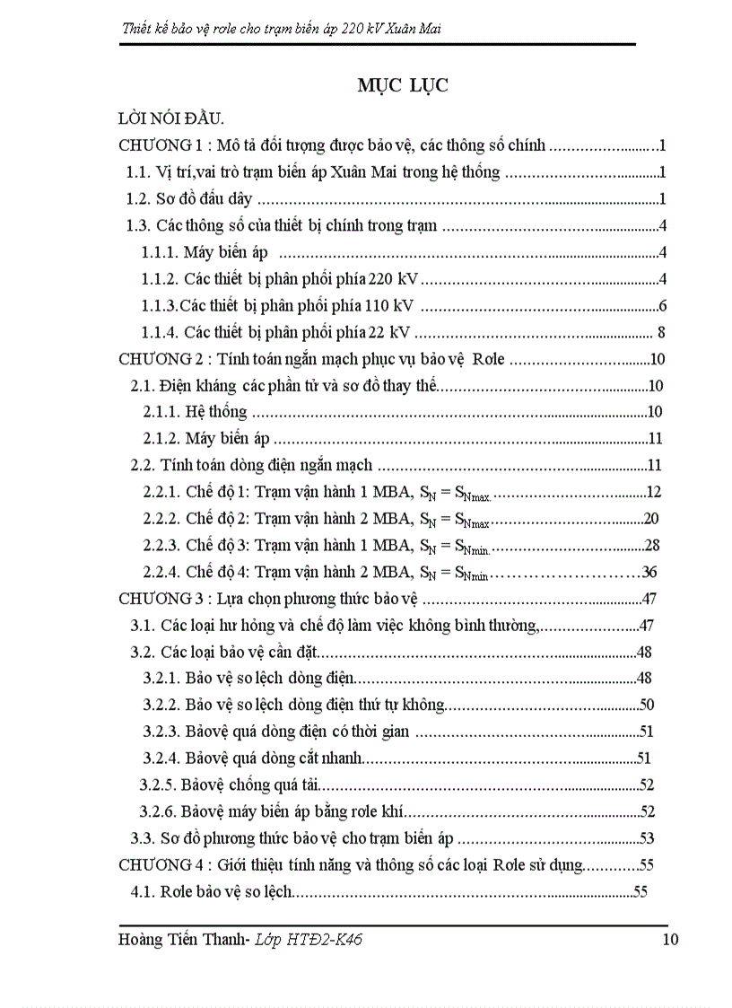 Thiết kế bảo vệ rơle cho trạm biến áp 220 kV Xuân Mai