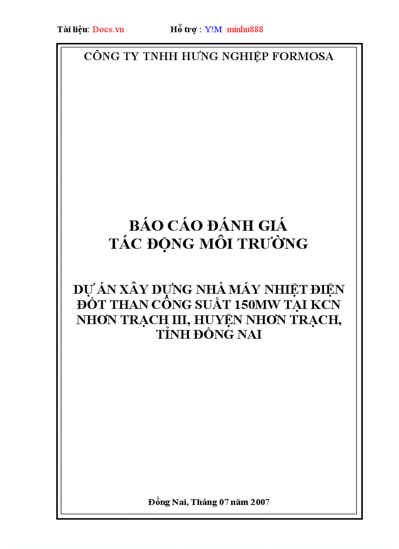 Xây dựng nhà máy nhiệt điện đốt than công suất 150mw tại kcn nhơn trạch iii huyện nhơn trạch tỉnh đồng nai