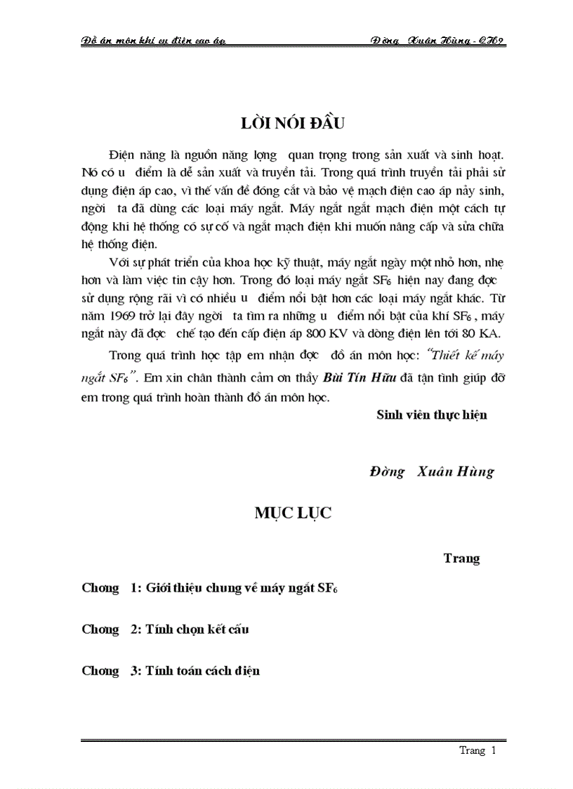 Thiết kế máy ngắt SF6 Đồ án khí cụ điện cao áp