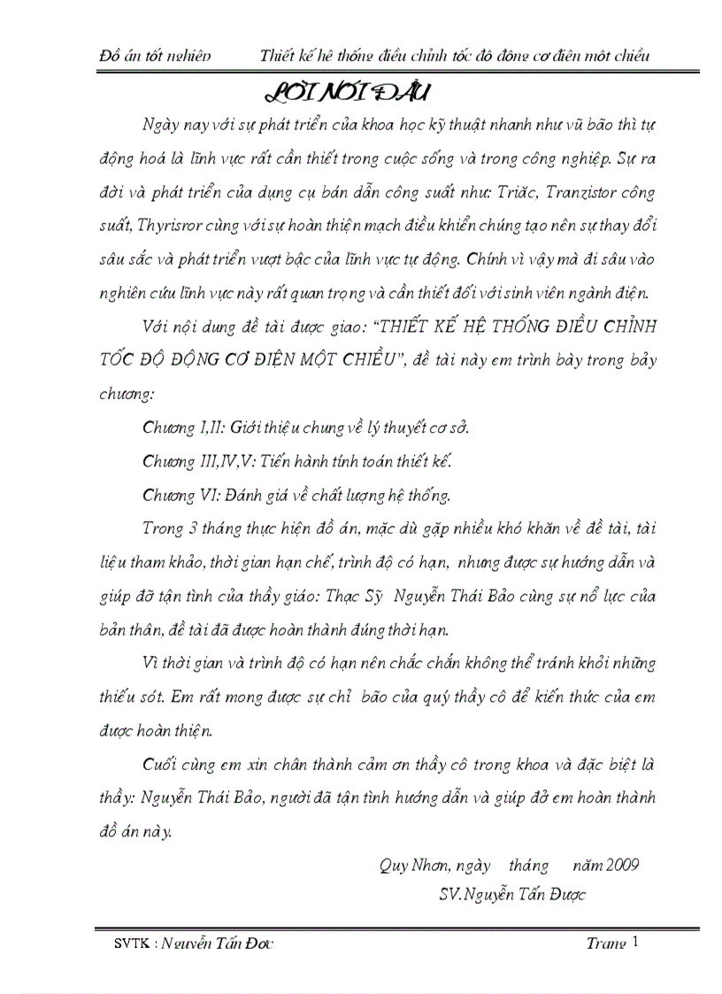 Thiết kế hệ thống điều chỉnh tốc độ động cơ điện 1 chiều