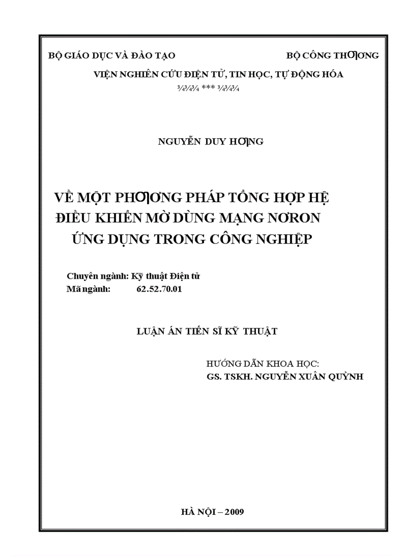 Về một phương pháp tổng hợp hệ điều khiển mờ dùng mạng nơron ứng dụng trong công nghiệp