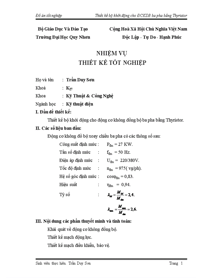 Thiết kế bộ khởi động cho động cơ không đồng bộ ba pha bằng Thyristor
