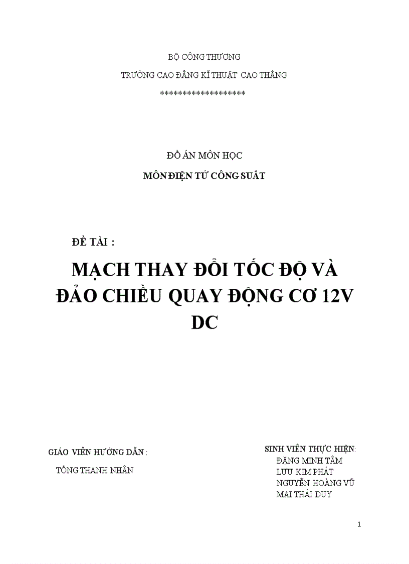 ĐIỆN TỬ CÔNG SUẤT Mạch thay đổi tốc độ và đảo chiều quay động cơ 12V DC bằng phương pháp thay đổi điện áp