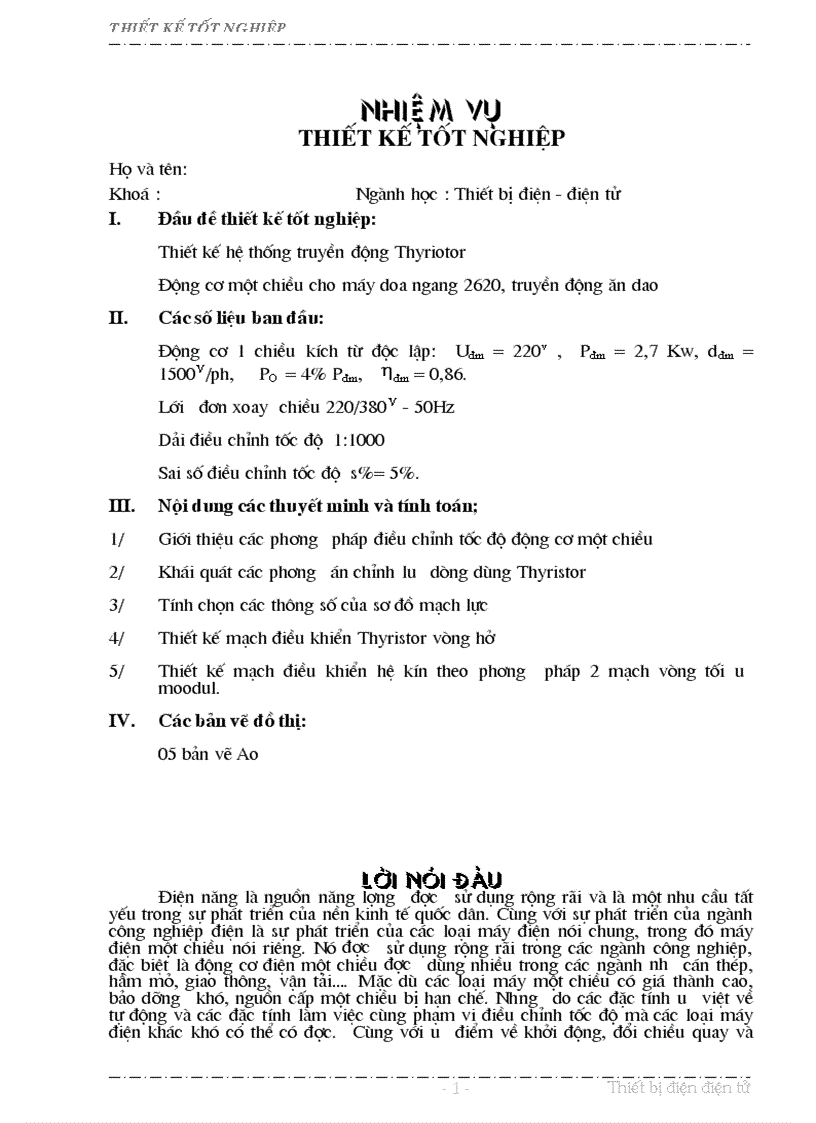 Thiết kế hệ thống truyền động Thyriotor Động cơ một chiều cho máy doa ngang 2620 truyền động ăn dao