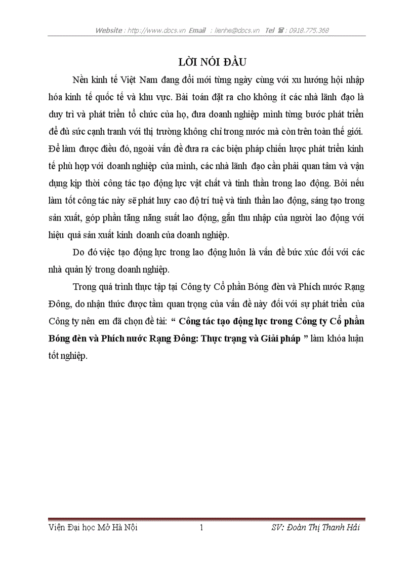 Công tác tạo động lực trong Công ty Cổ phần Bóng đèn và Phích nước Rạng Đông Thực trạng và Giải pháp
