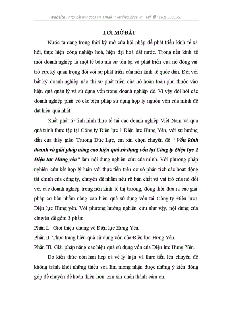 Vốn kinh doanh và giải pháp nâng cao hiệu quả sử dụng vốn tại Công ty Điện lực 1 Điện lực Hưng yên