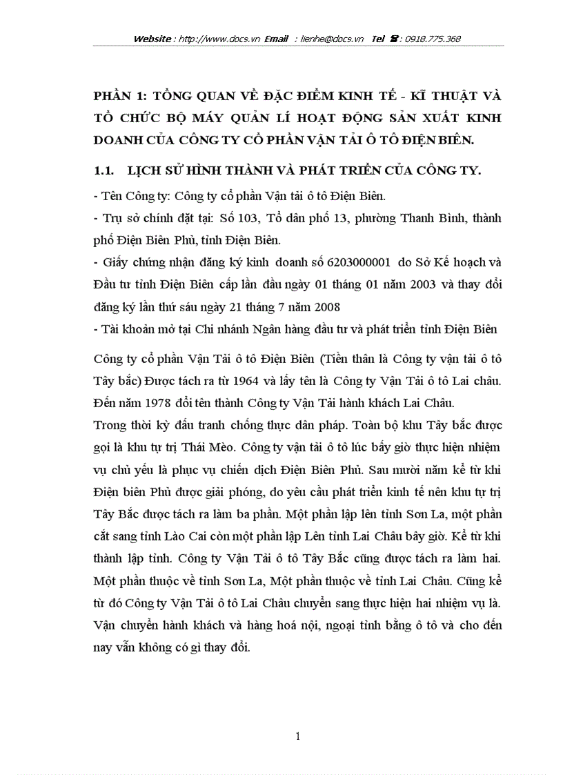 Đặc điểm kinh tế kĩ thuật và tổ chức bộ máy quản lí hoạt động sản xuất kinh doanh của công ty cổ phần vận tải ô tô điện biên