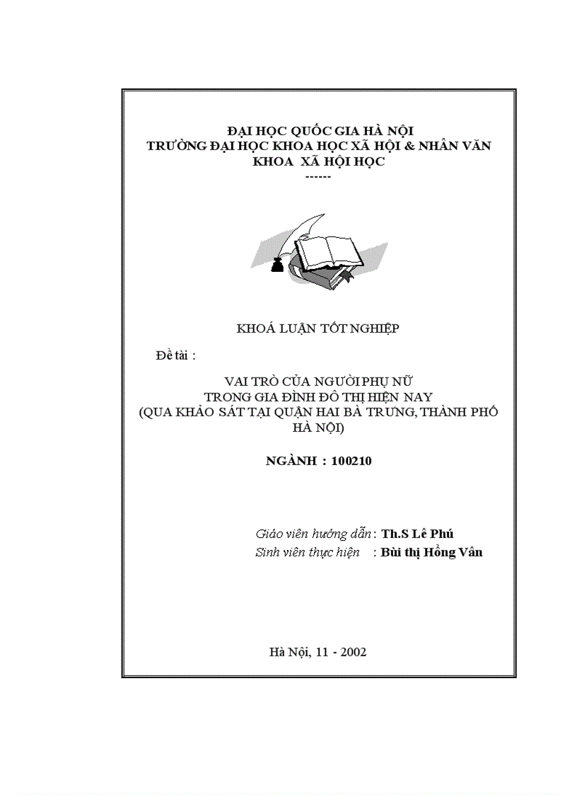 Vai trò của người phụ nữ trong gia đình đô thị hiện nay qua khảo sát tại quận hai bà trưng thành phố hà nội